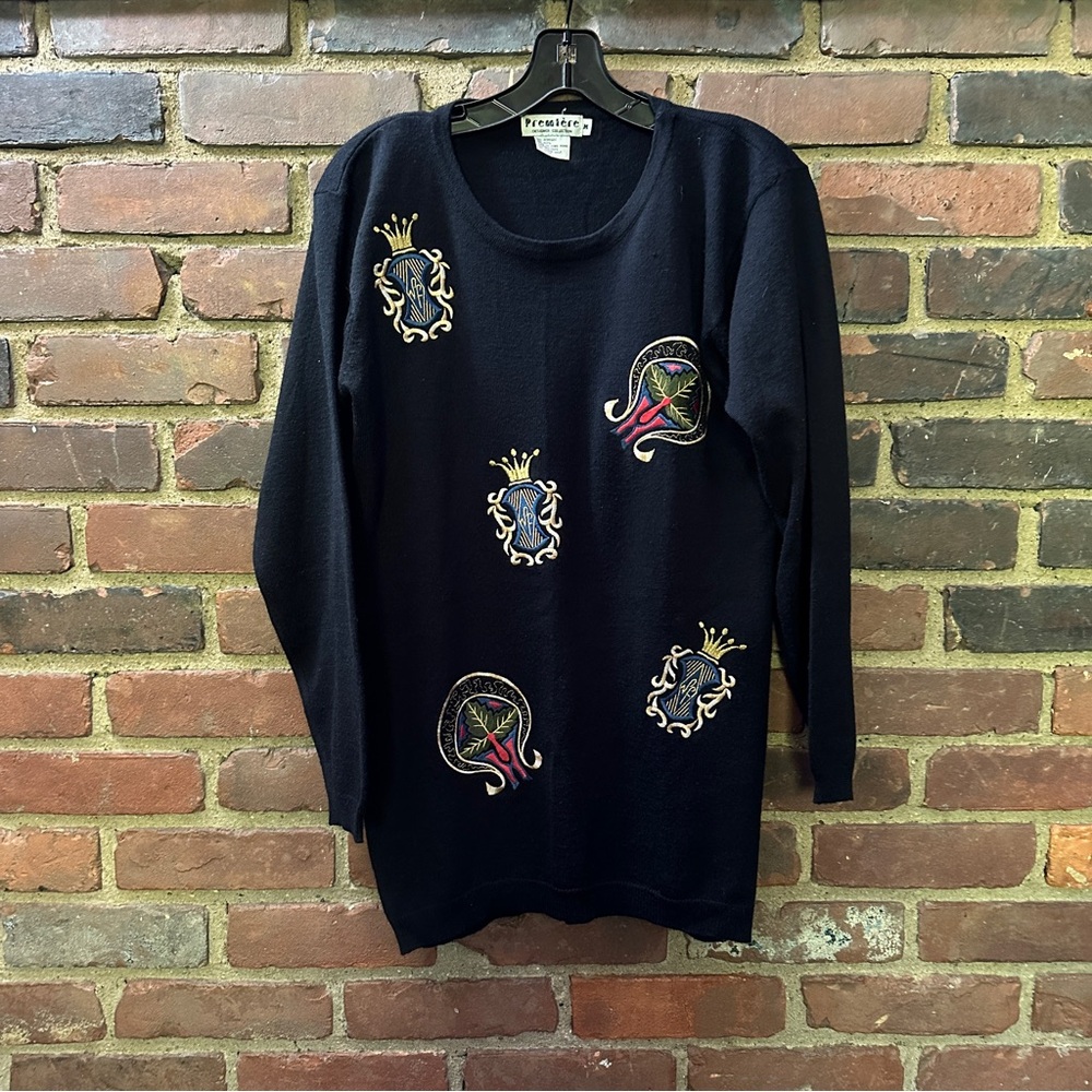 Vtg Premiere | Sweater Wool Blend Crew Embroidered -medium
